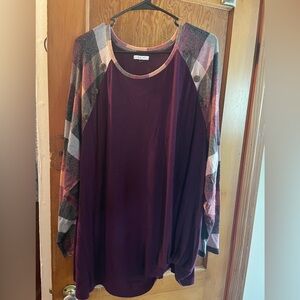 Maurices Burgundy Top with Plaid Sleeves